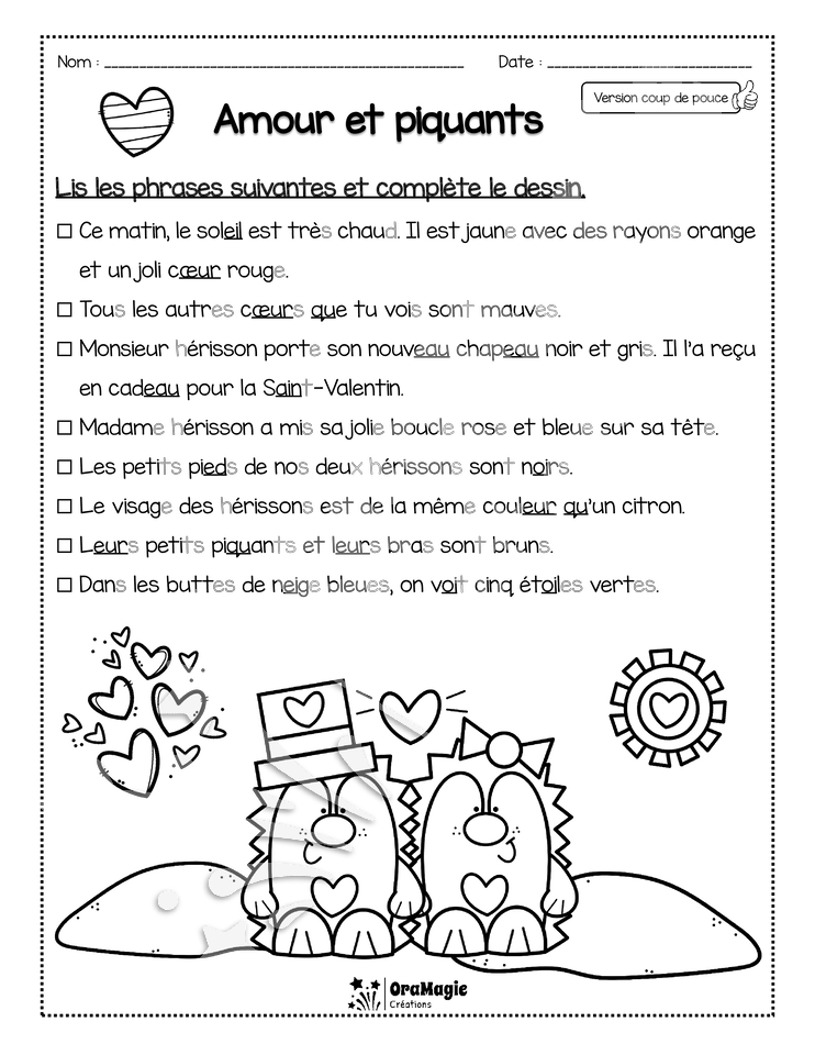 Compréhension de lecture - Lis et colorie - St-Valentin - Amour et piquants - 2e année