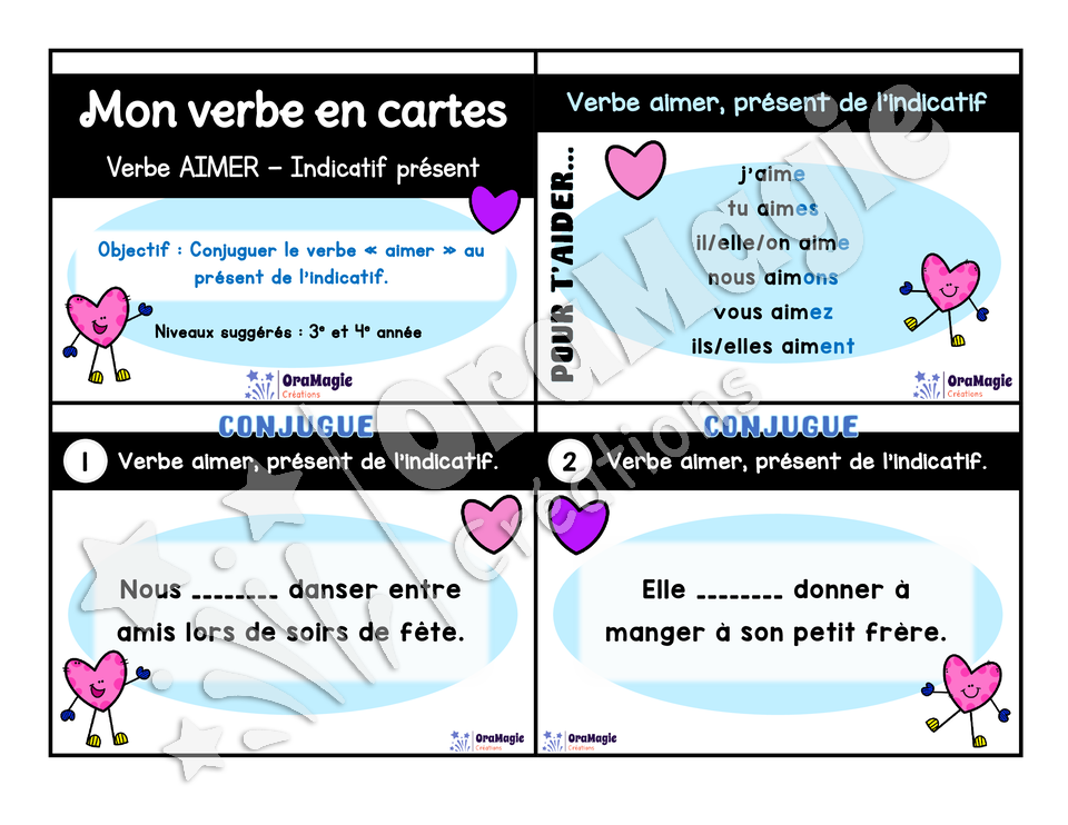 Cartes à tâches - Mon verbe en cartes - Verbe AIMER présent de l'indicatif - 3e et 4e année.pdf