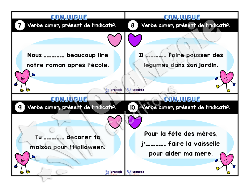Cartes à tâches - Mon verbe en cartes - Verbe AIMER présent de l'indicatif