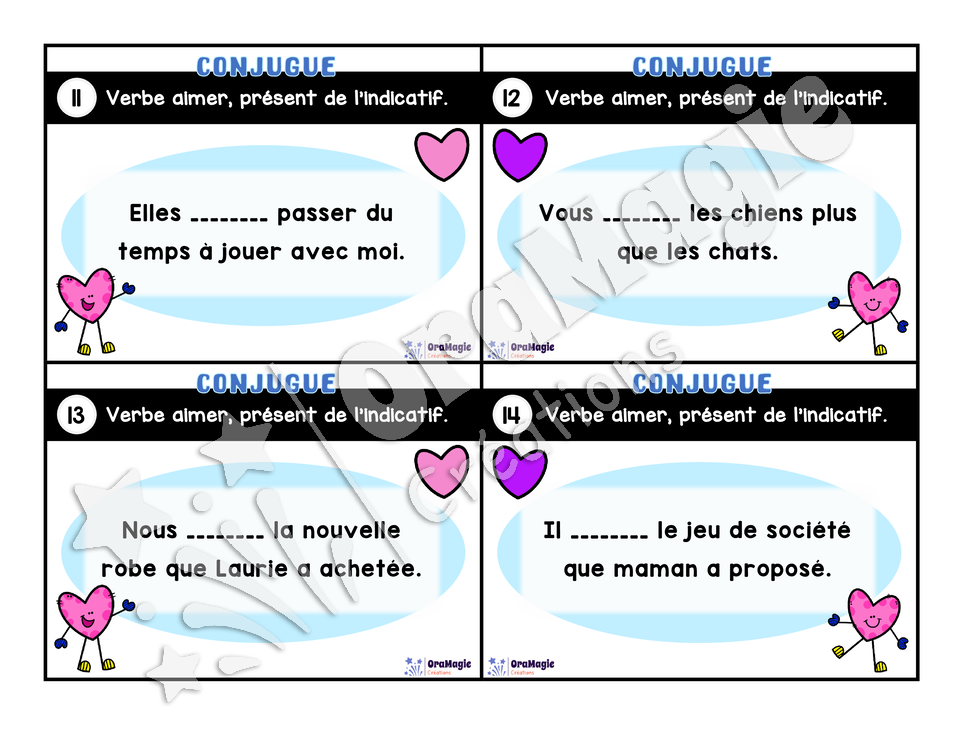 Cartes à tâches - Mon verbe en cartes - Verbe AIMER présent de l'indicatif
