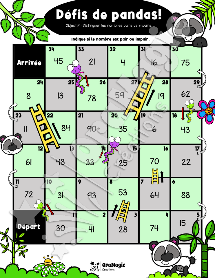 Défis de pandas! Serpents et échelles - Distinguer pair vs impair - 1re et 2e année.pdf