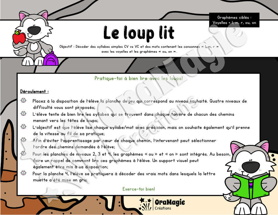 Le loup lit - Décodage syllabes simples CV et VC - 1re année et langage écrit - voyelles, l, m, r, ou, on.pdf