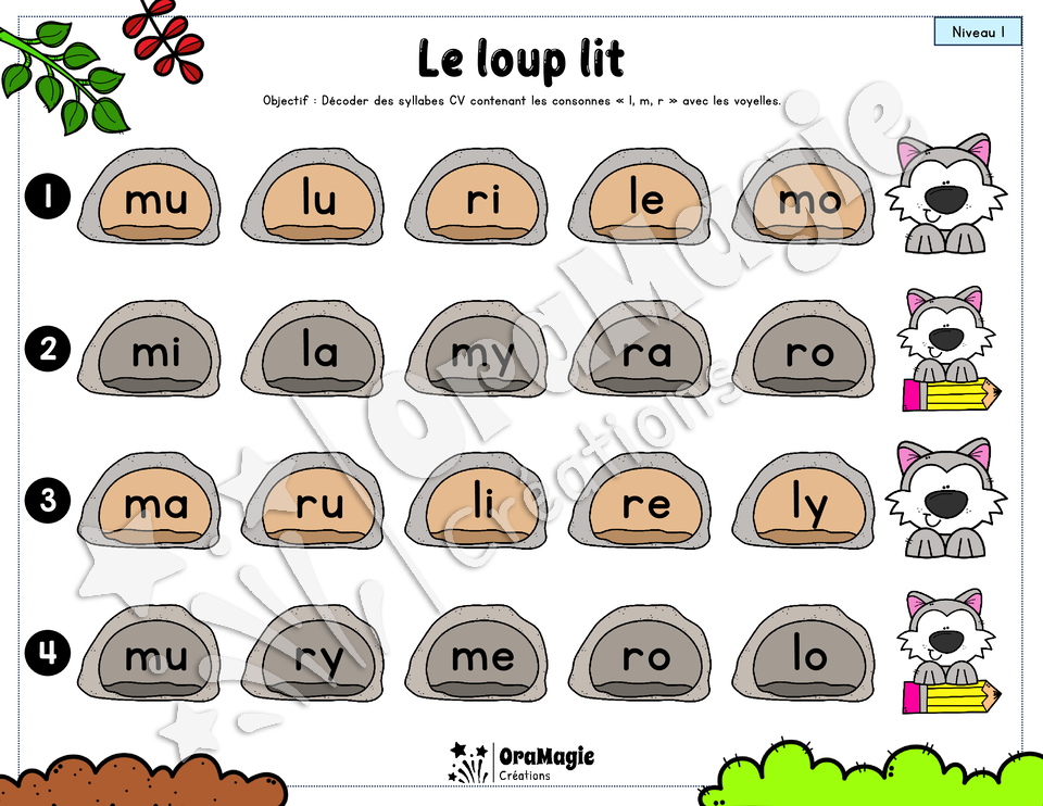 Le loup lit - Décodage syllabes simples CV et VC - voyelles, l, m, r, ou, on