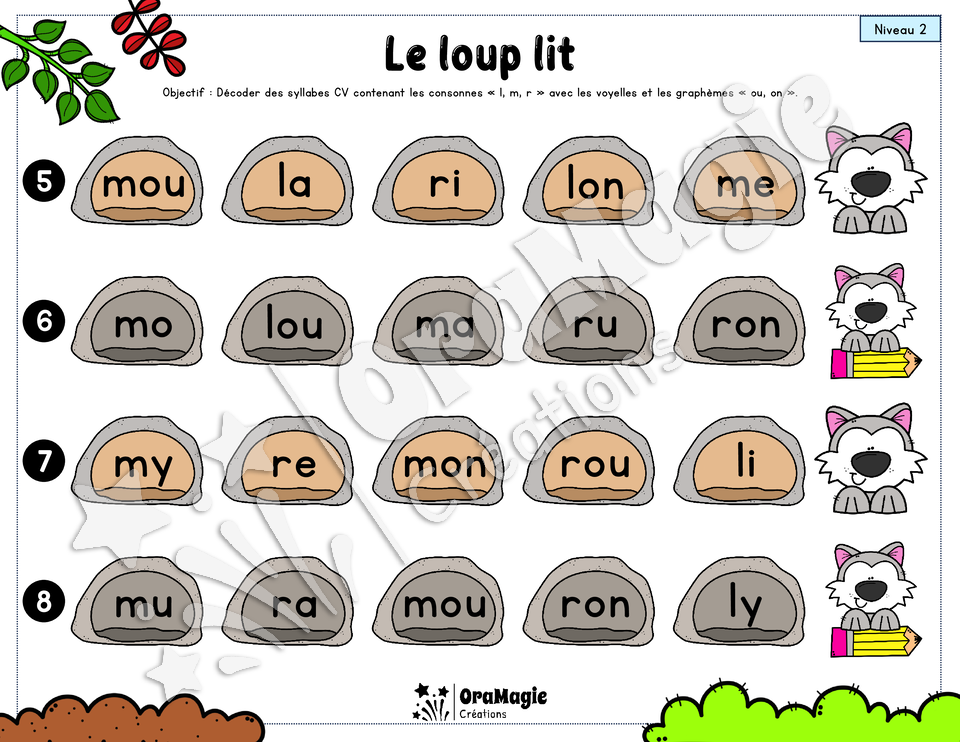 Le loup lit - Décodage syllabes simples CV et VC - voyelles, l, m, r, ou, on