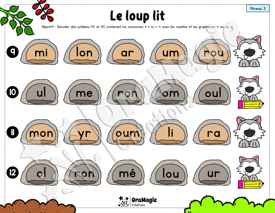 Le loup lit - Décodage syllabes simples CV et VC - voyelles, l, m, r, ou, on