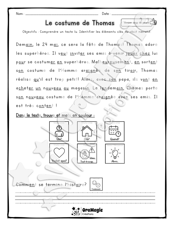 Compréhension de lecture et du récit - Le costume de Thomas