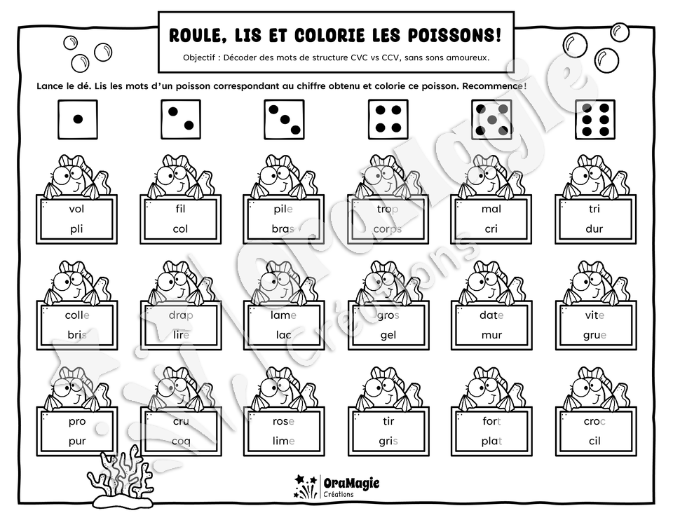 Roule lis et colorie les poissons - Décodage mots CVC-CCV sans sons amoureux - Langage écrit, 1re année.pdf