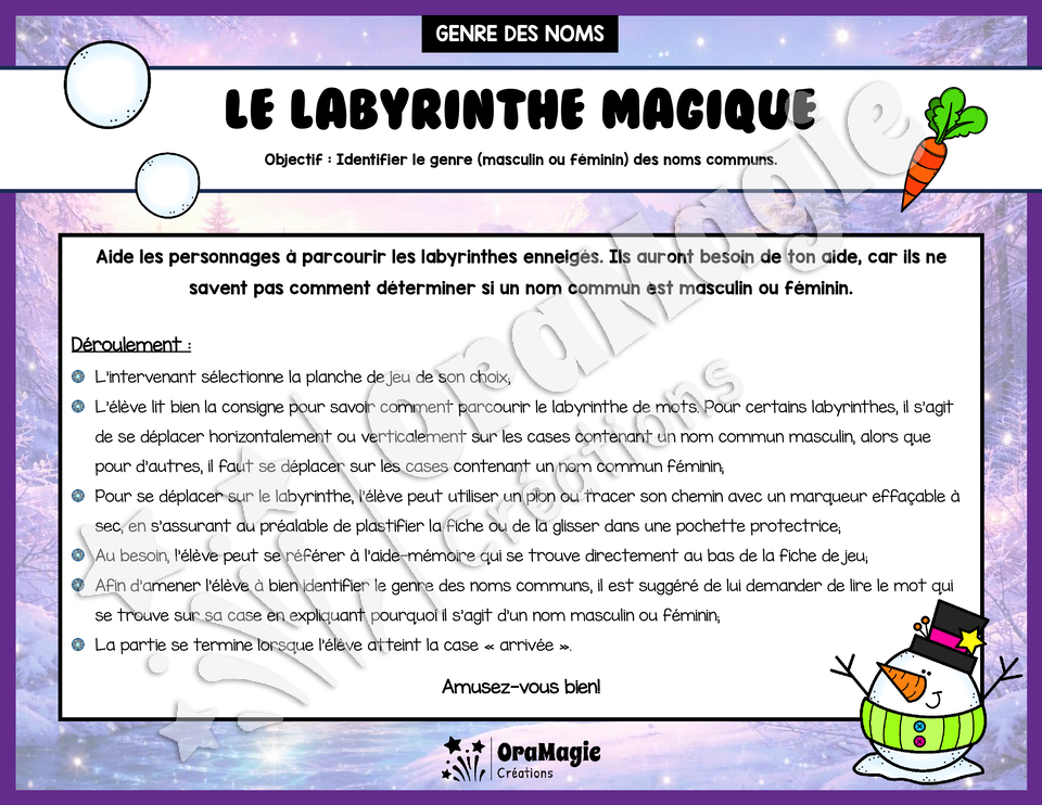 Le labyrinthe magique du genre des noms communs - Thème Hiver - 1re et 2e année.pdf