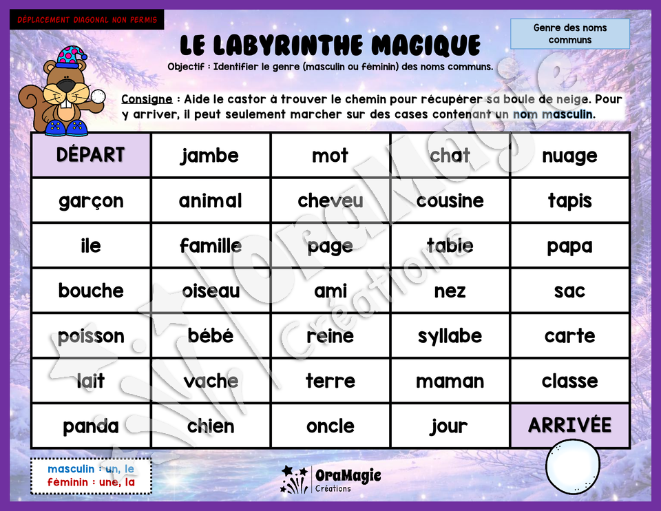 Le labyrinthe magique du genre des noms communs - Thème Hiver