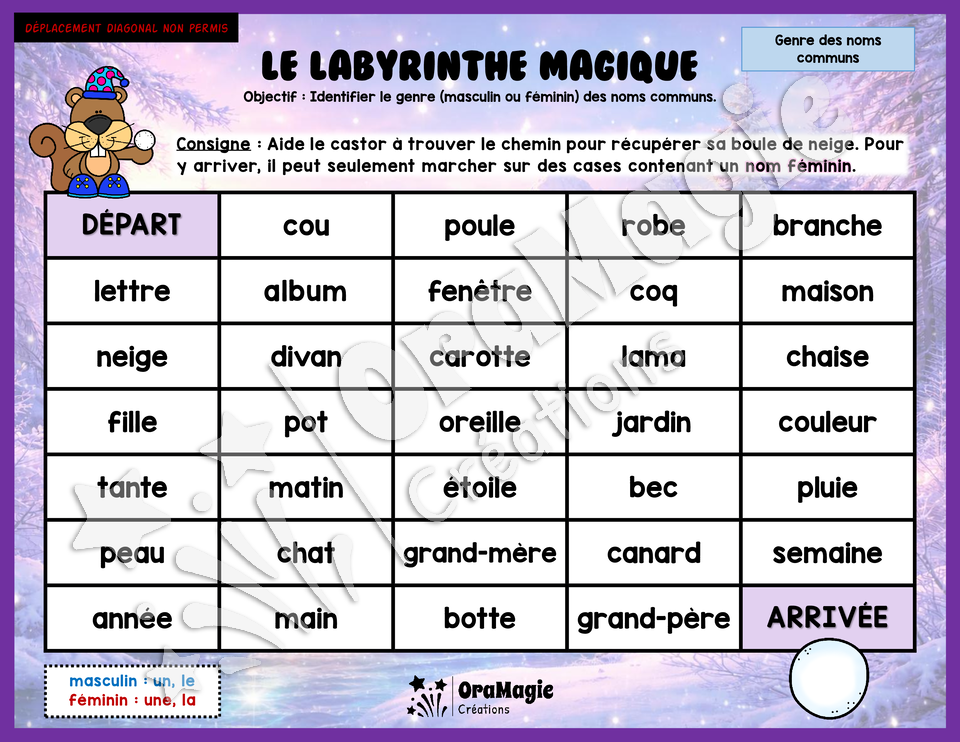 Le labyrinthe magique du genre des noms communs - Thème Hiver