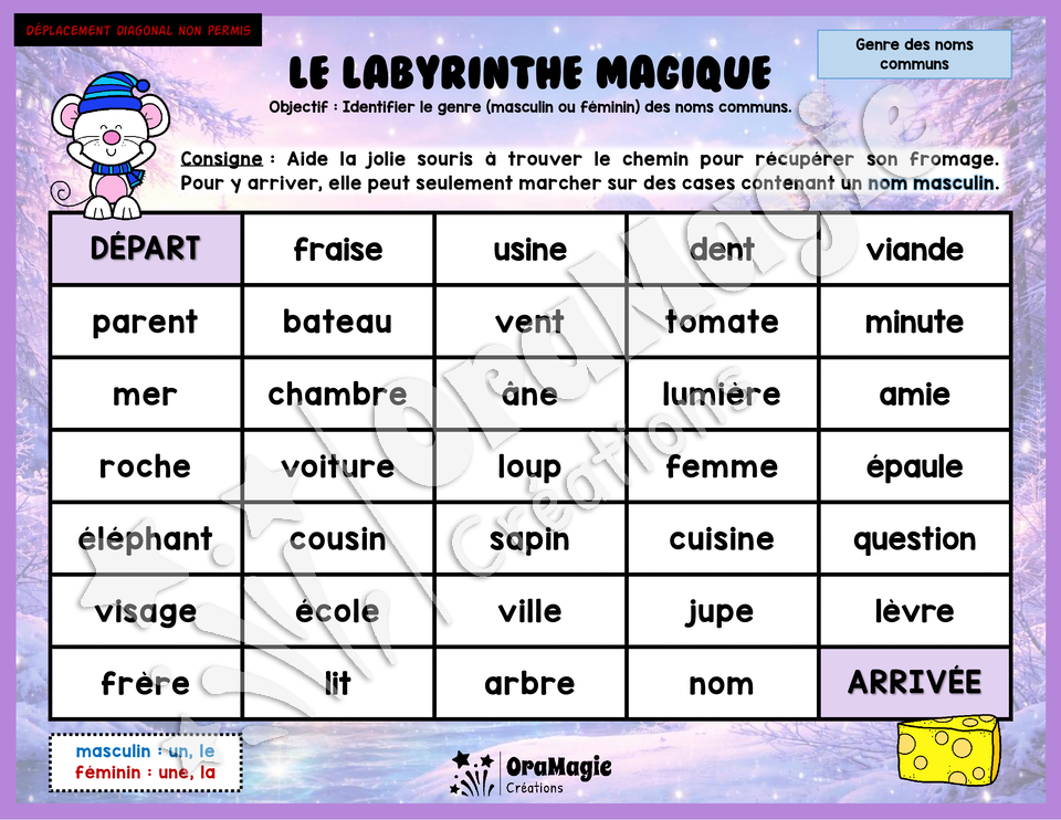 Le labyrinthe magique du genre des noms communs - Thème Hiver