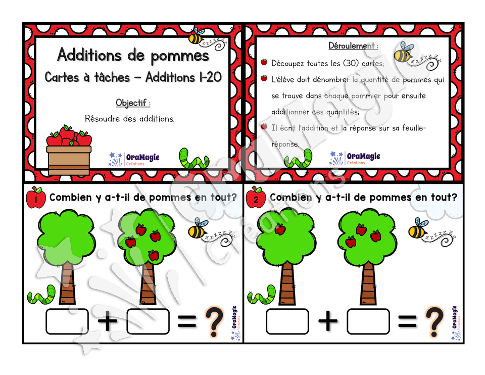 Cartes à tâches - Les additions 0 à 20 - Additions de pommes - 1re année - Mathématiques - 6$.pdf