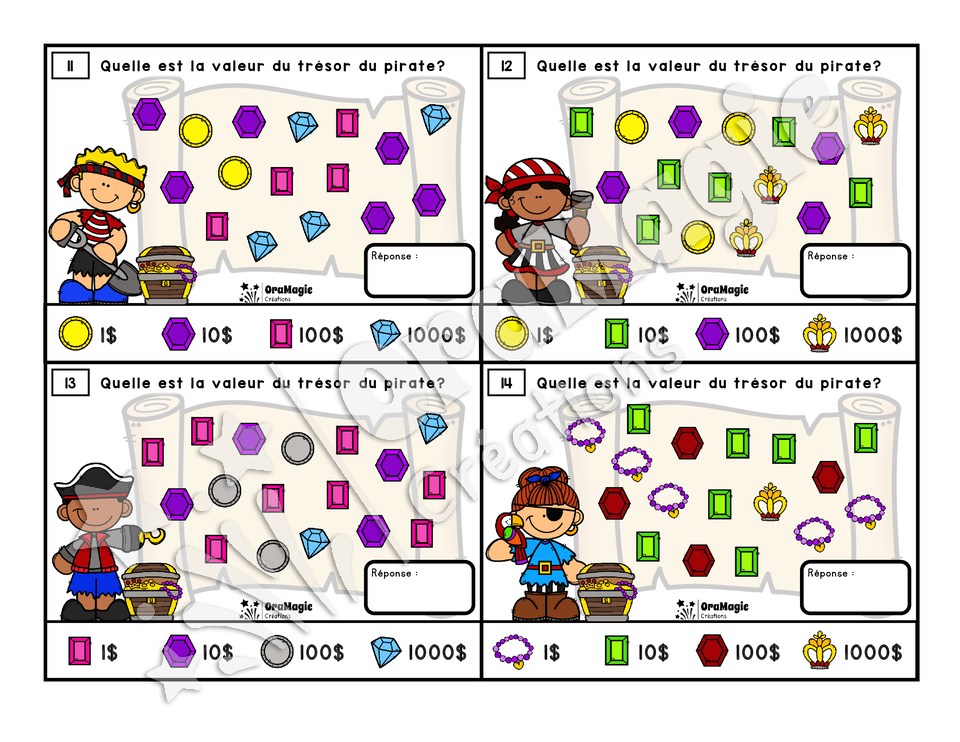 Cartes à tâches - Trésors de pirates - Dénombrement de grands ensembles paquets 1-10-100-1000