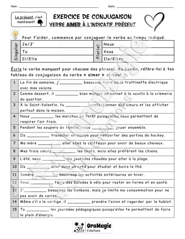Exercice de conjugaison - Verbe aimer à l'indicatif présent - 3e.pdf