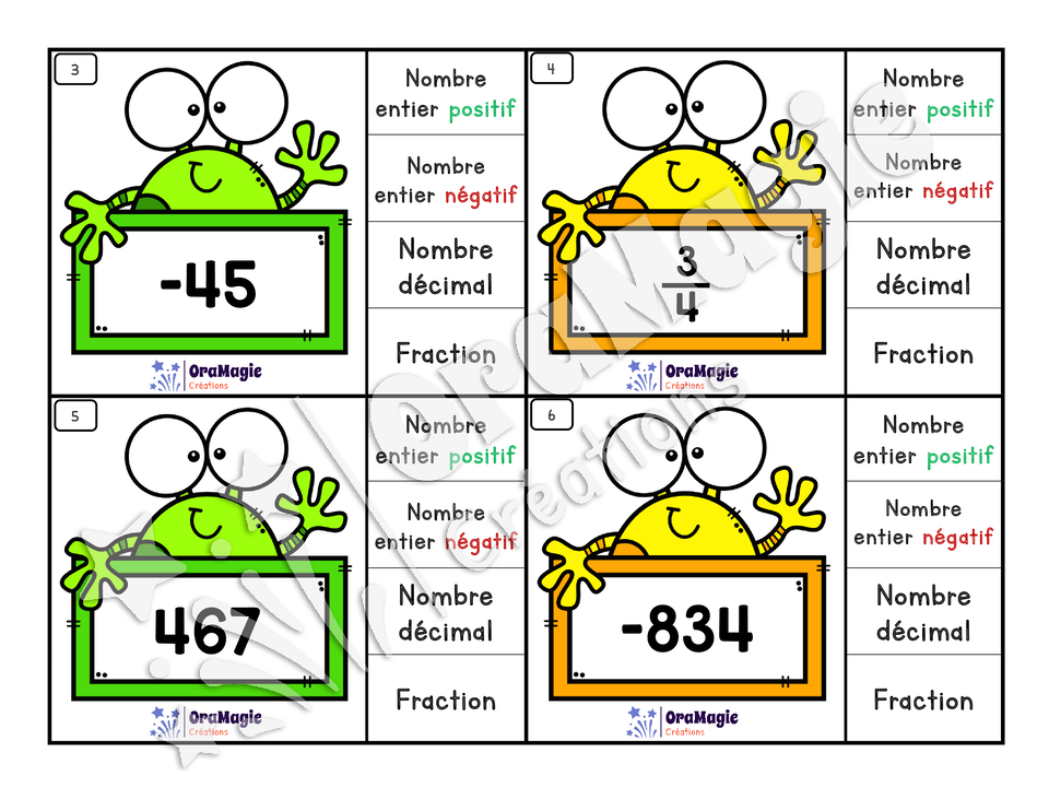 Cartes à tâches - Nombre entier positif, négatif, décimal et fraction