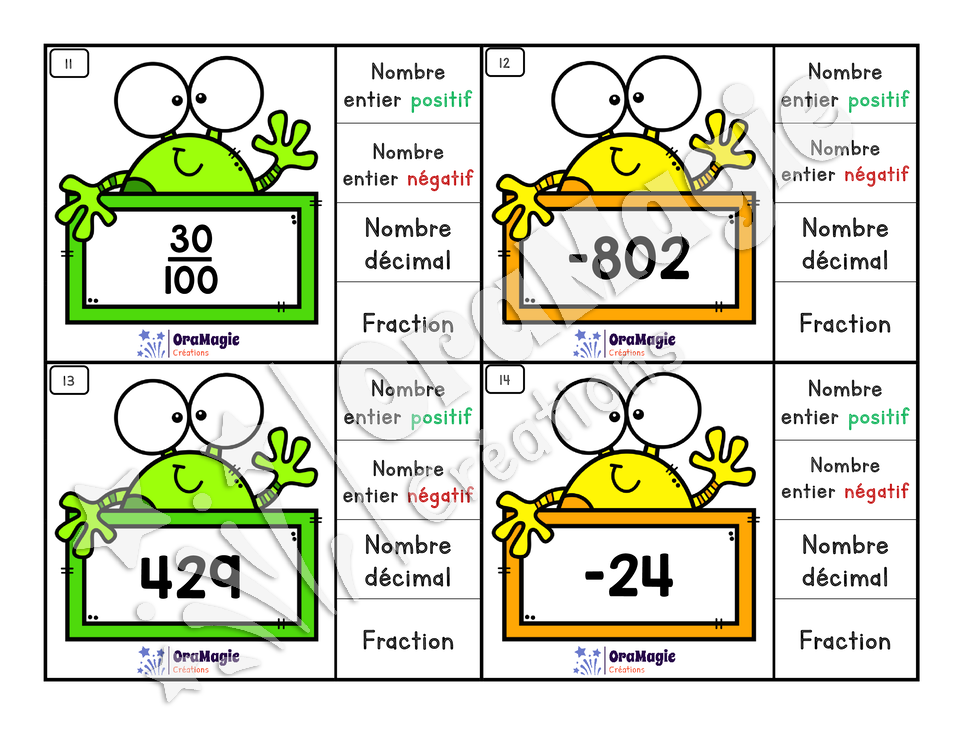 Cartes à tâches - Nombre entier positif, négatif, décimal et fraction