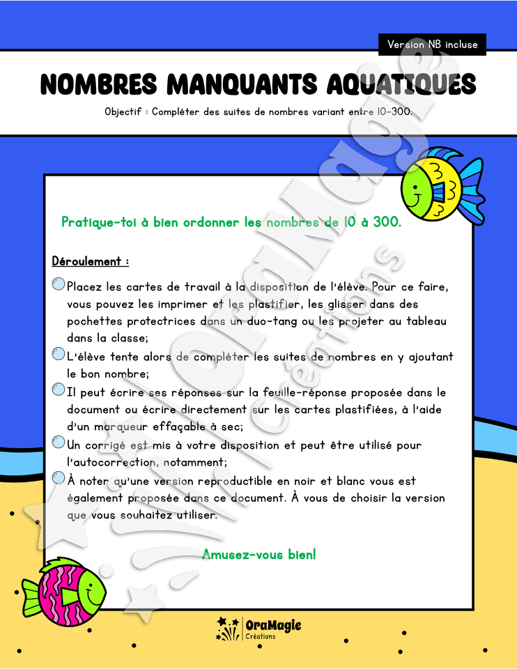 Nombres manquants aquatiques - 10-300 - Complète la suite avec le bon nombre - 2e année.pdf