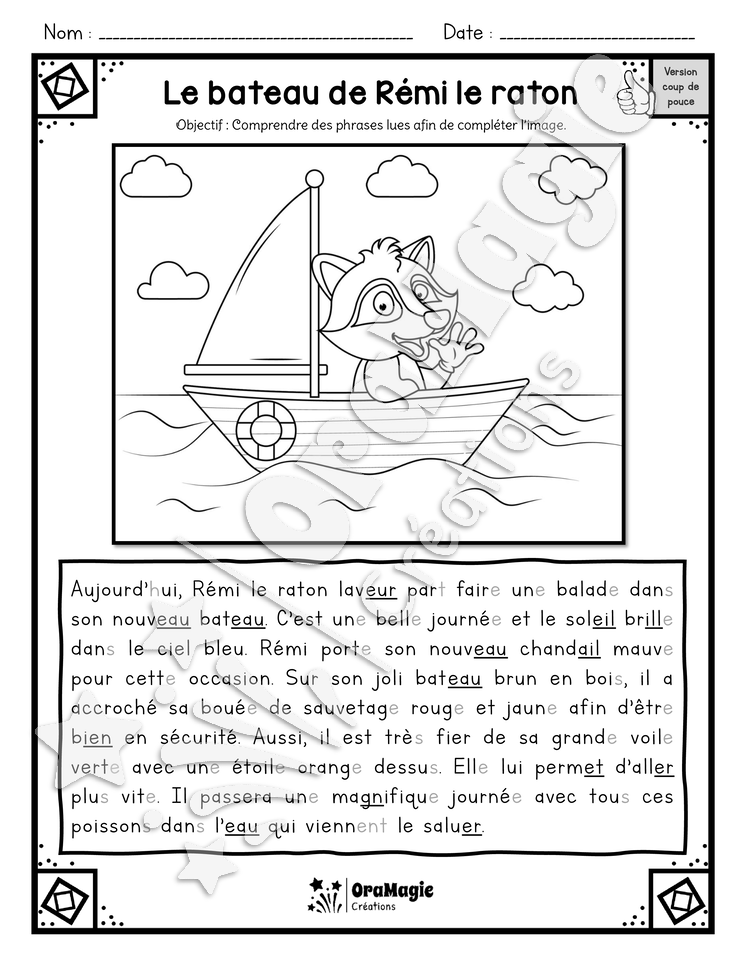 Compréhension de lecture - Lis et colorie - Le bateau de Rémi le raton