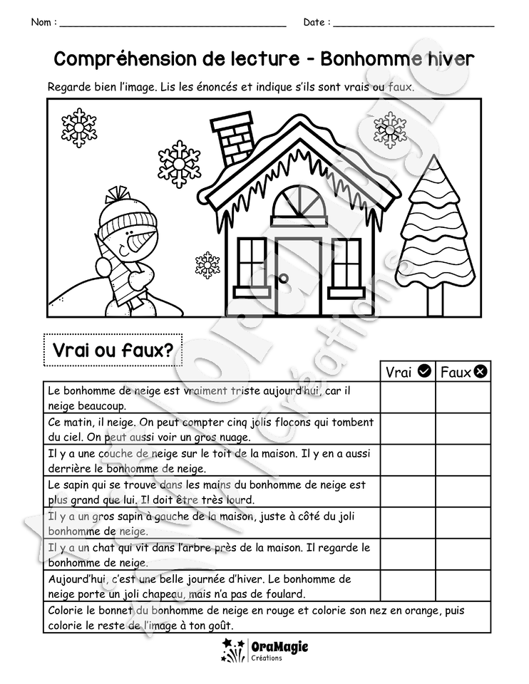 Compréhension de lecture - VRAI OU FAUX - Bonhomme hiver - 2e année.pdf