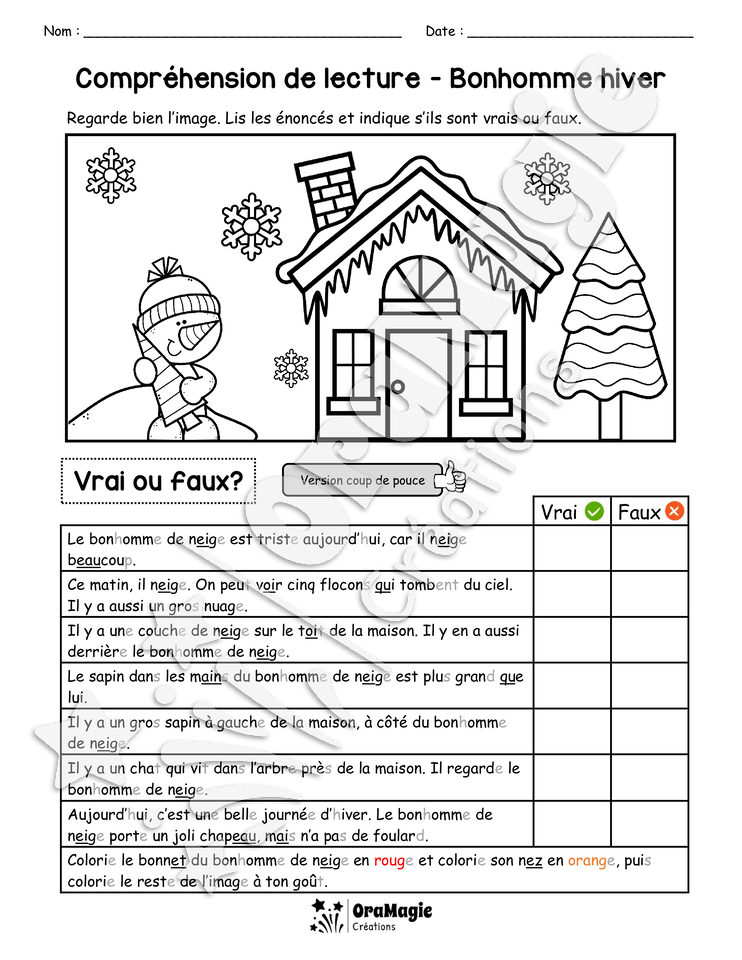 Compréhension de lecture - VRAI OU FAUX - Bonhomme hiver