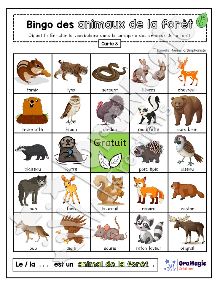 Bingo des animaux de la forêt - 3 cartes