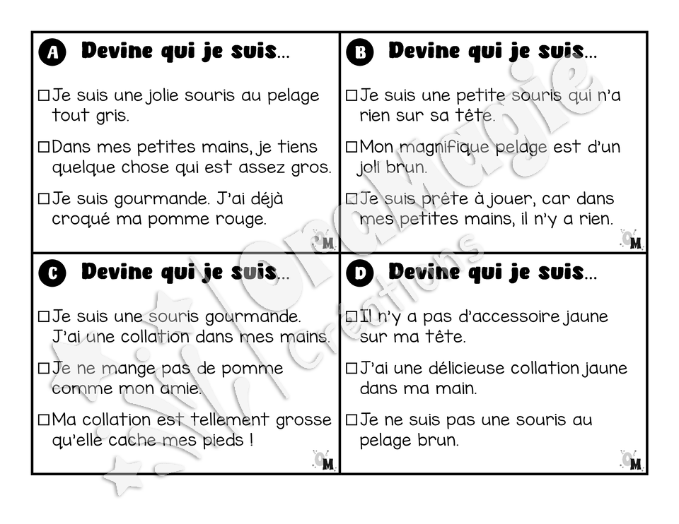 Compréhension de lecture - Les jolies souris - Devine qui je suis - 1re année
