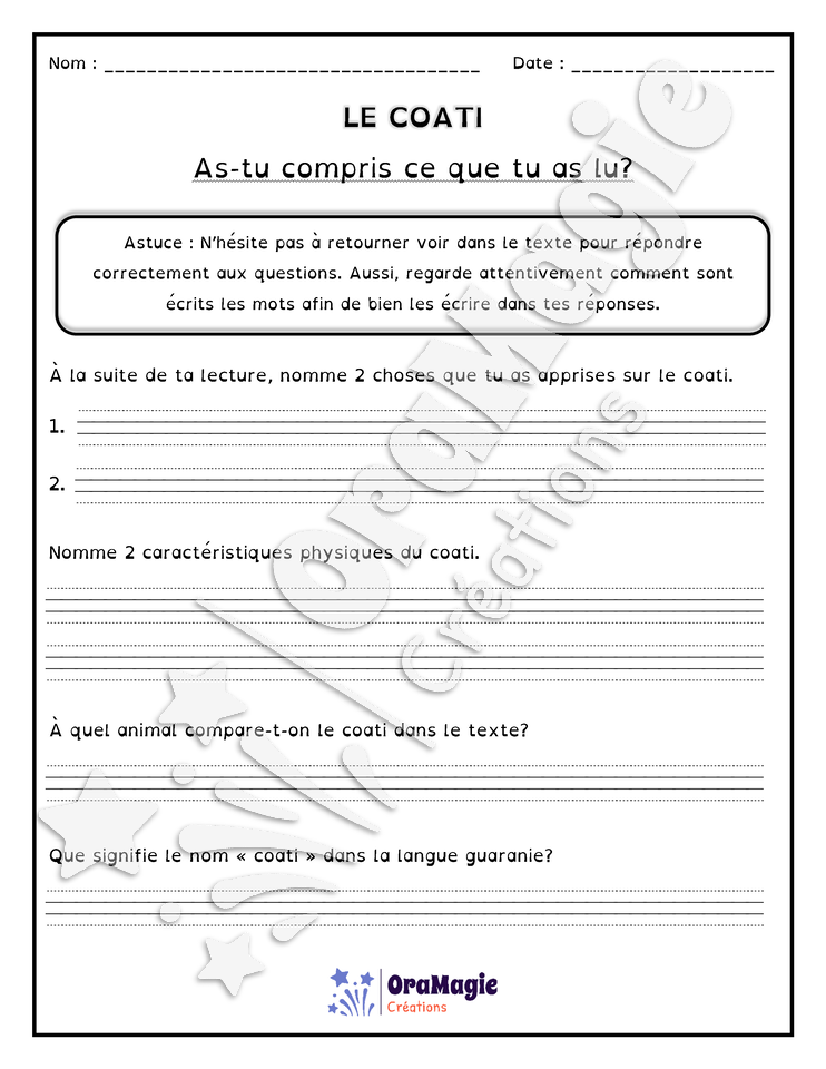 Comprendre un texte informatif - Le coati
