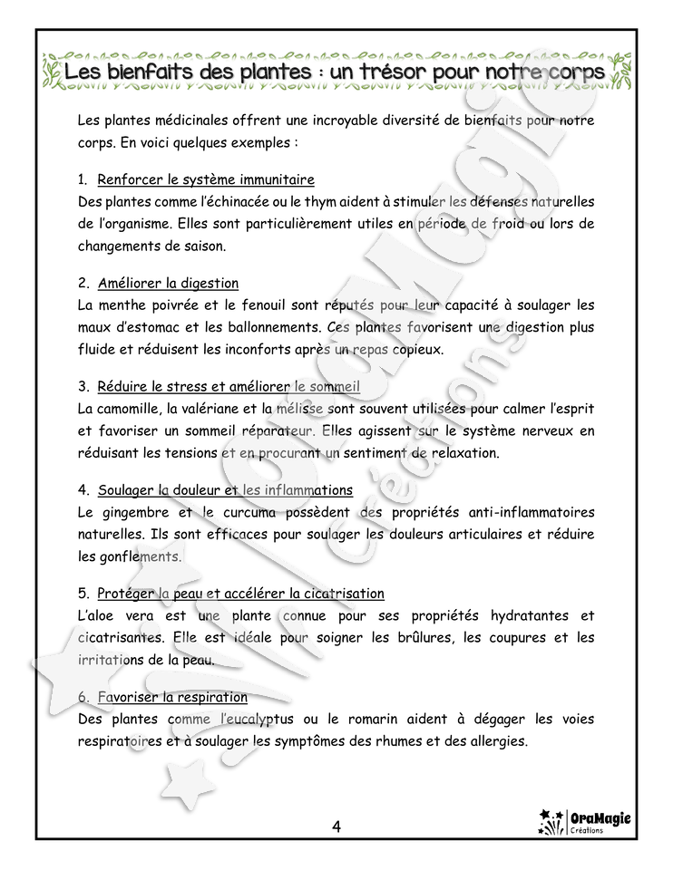 Les plantes médicinales - Compréhension lecture 6e année - Texte courant - Préparation examen ministère
