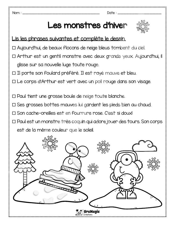 Compréhension de lecture - Lis et colorie - Les monstres d_hiver - 2e année - 2$.pdf