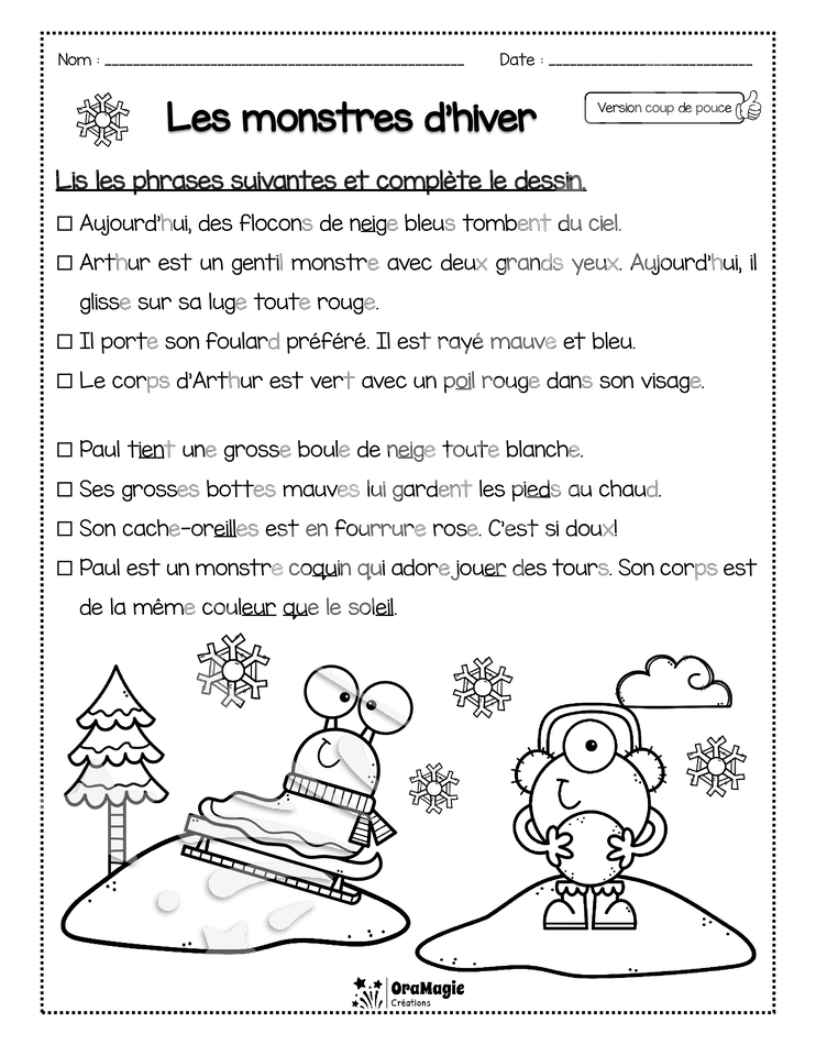 Compréhension de lecture - Lis et colorie - Les monstres d'hiver