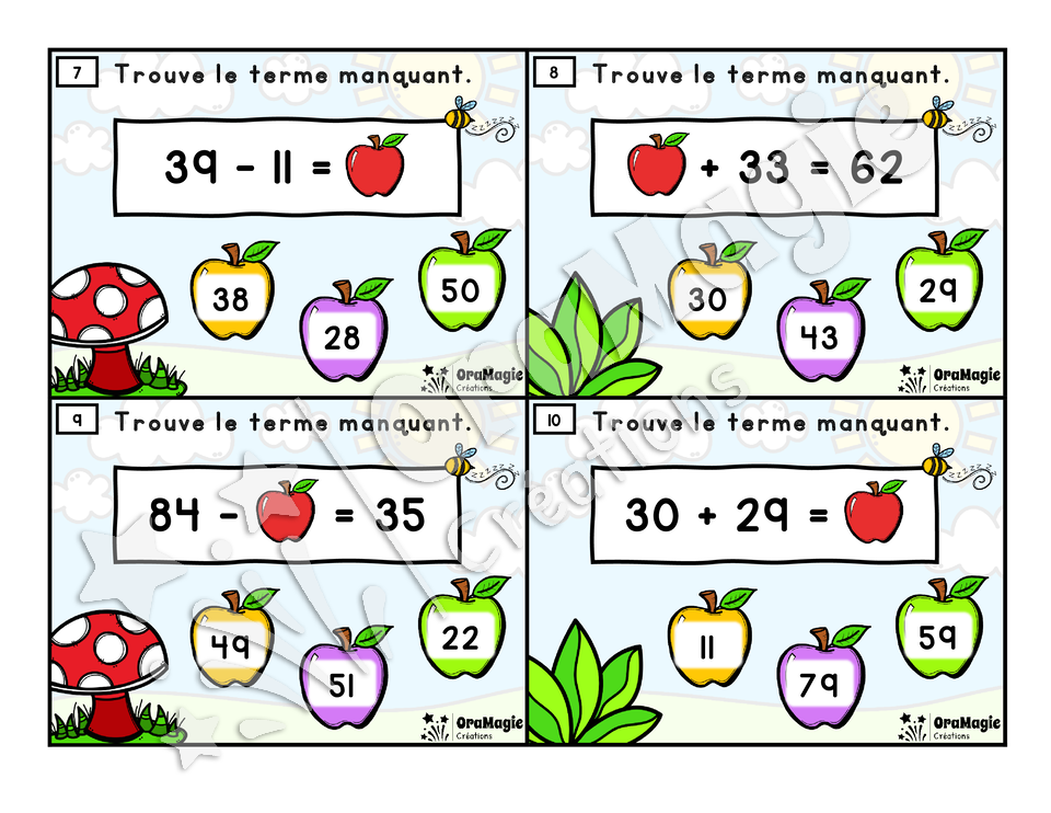Cartes à tâches - Pommes manquantes - Additions et soustractions