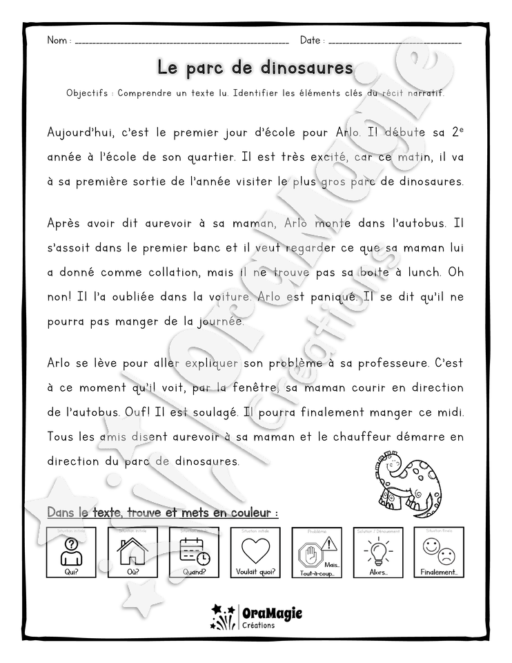 Compréhension de lecture et du récit 2e année - Le parc de dinosaures.pdf