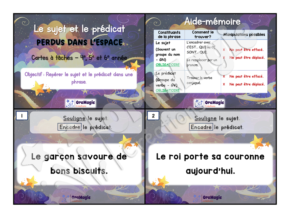 Cartes à tâches - Le sujet et le groupe du verbe PERDUS DANS L'ESPACE - 2e et 3e cycles - 5$.pdf