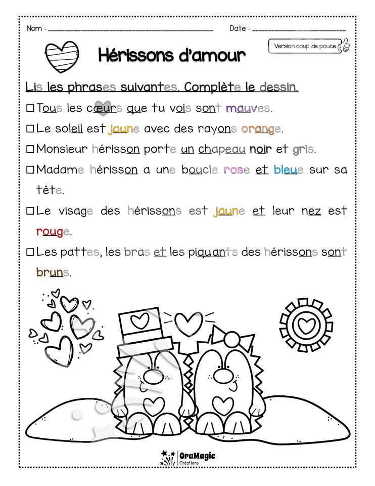 Compréhension de lecture - Lis et colorie - St-Valentin - Amour et piquants - 1re année