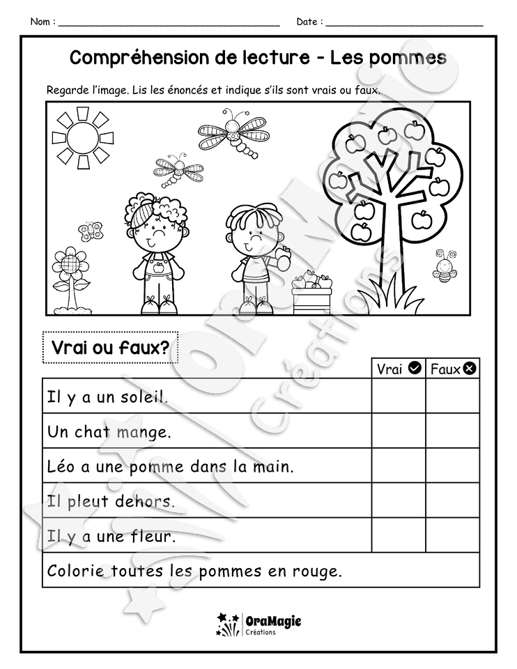 Compréhension de lecture - VRAI OU FAUX - Les pommes - 1re année - 3$.pdf