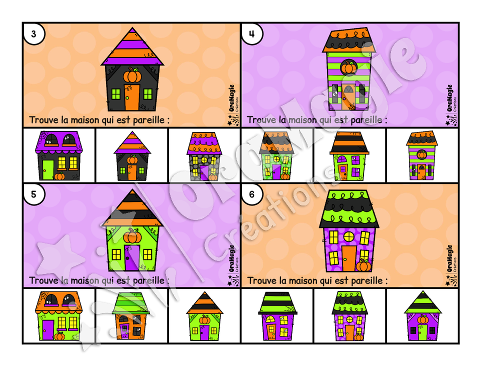 Cartes à tâches - Étranges maisons - Trouve la maison pareille - préscolaire