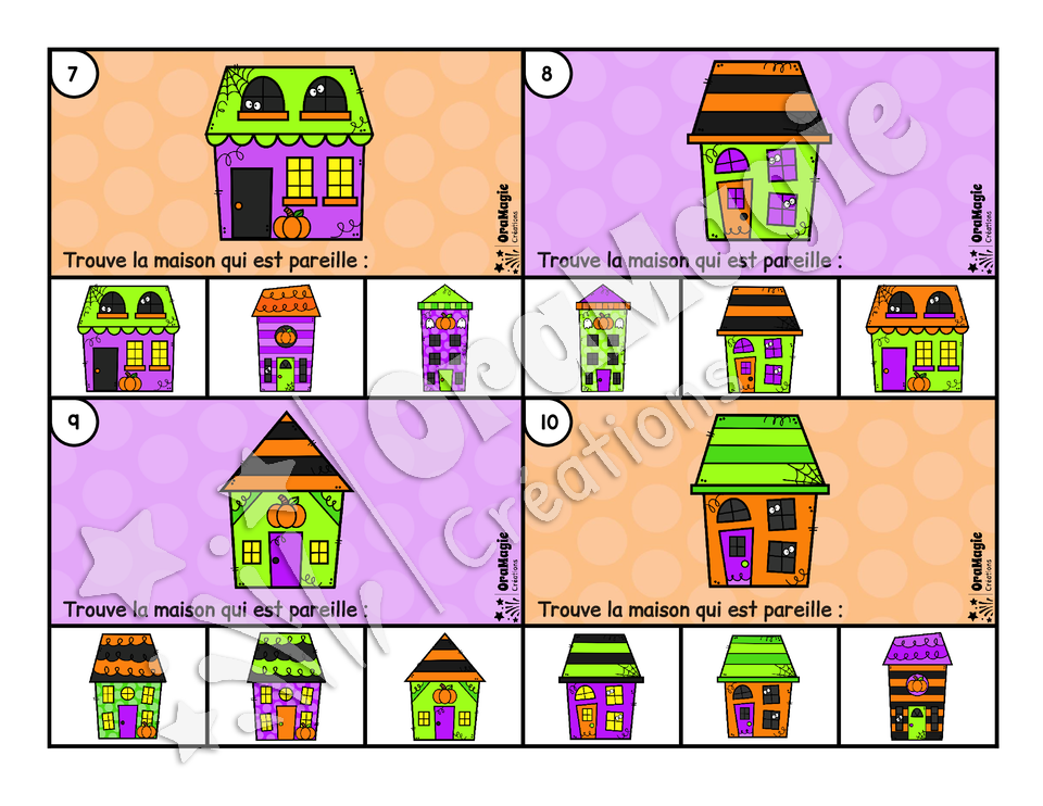 Cartes à tâches - Étranges maisons - Trouve la maison pareille - préscolaire