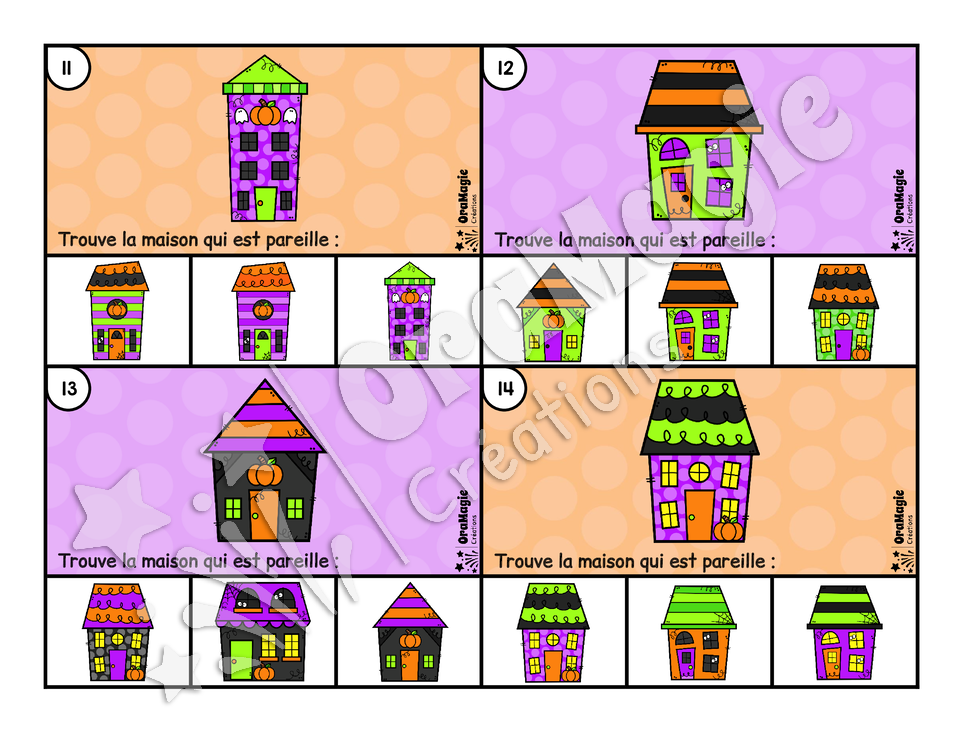 Cartes à tâches - Étranges maisons - Trouve la maison pareille - préscolaire