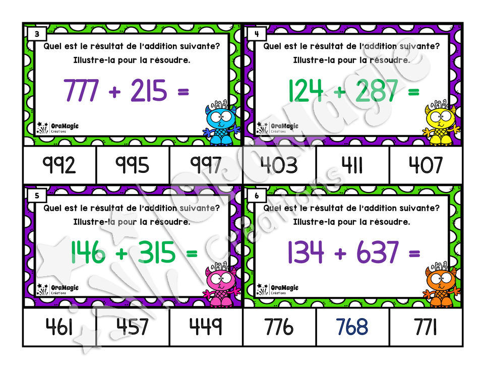 Cartes à tâches - Additions monstrueuses - Additions de nombres à 3 chiffres avec échanges