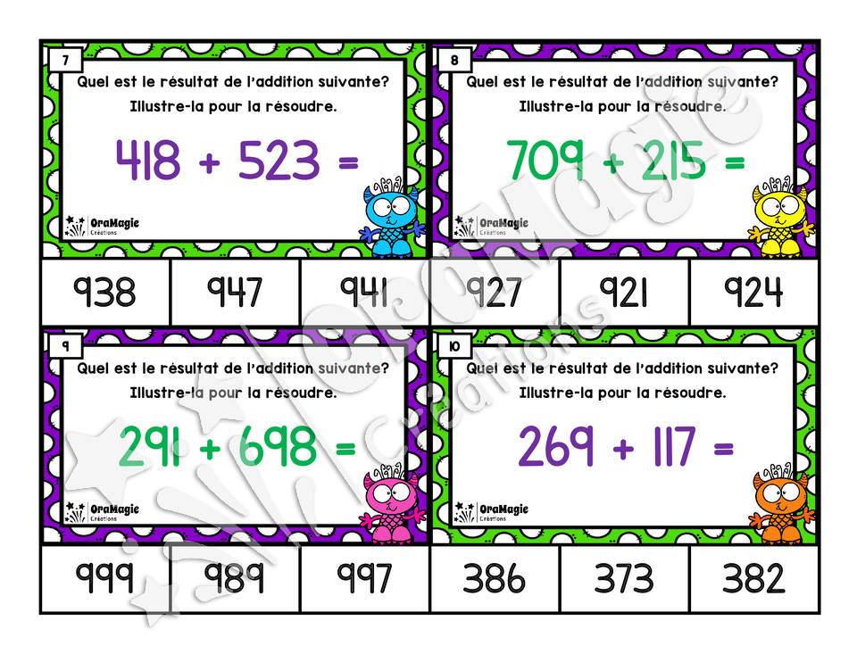Cartes à tâches - Additions monstrueuses - Additions de nombres à 3 chiffres avec échanges