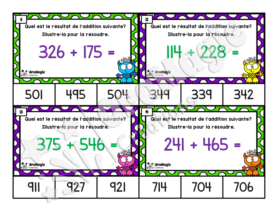 Cartes à tâches - Additions monstrueuses - Additions de nombres à 3 chiffres avec échanges