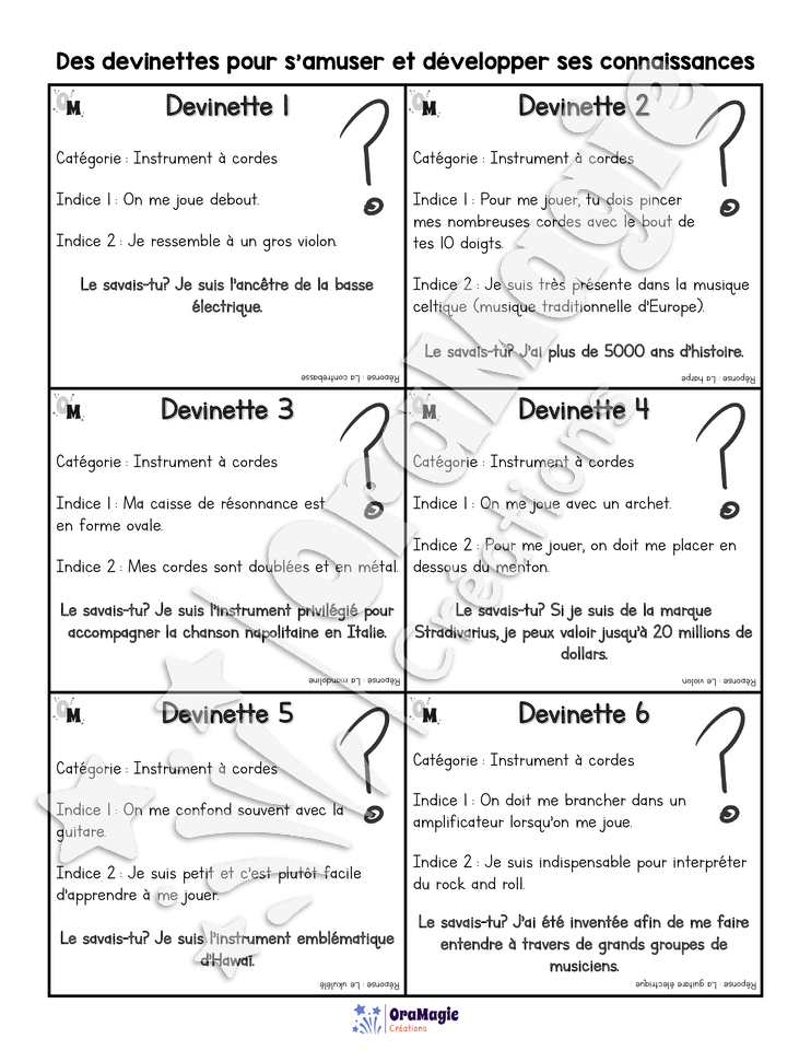 Vocabulaire - Les instruments à cordes - lexique visuel et devinettes