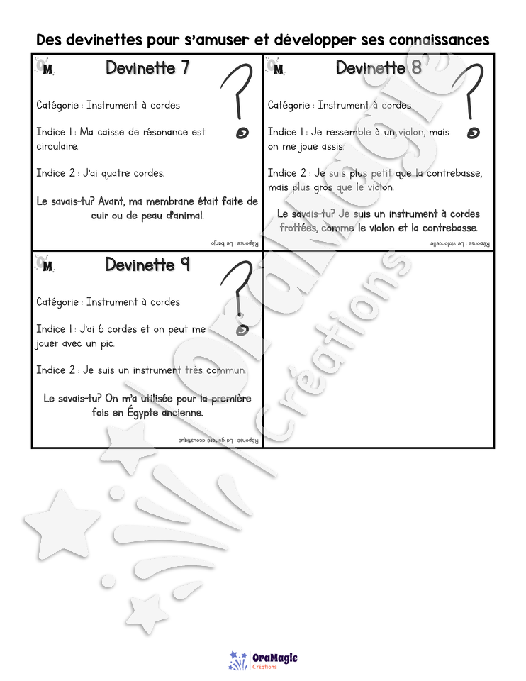 Vocabulaire - Les instruments à cordes - lexique visuel et devinettes