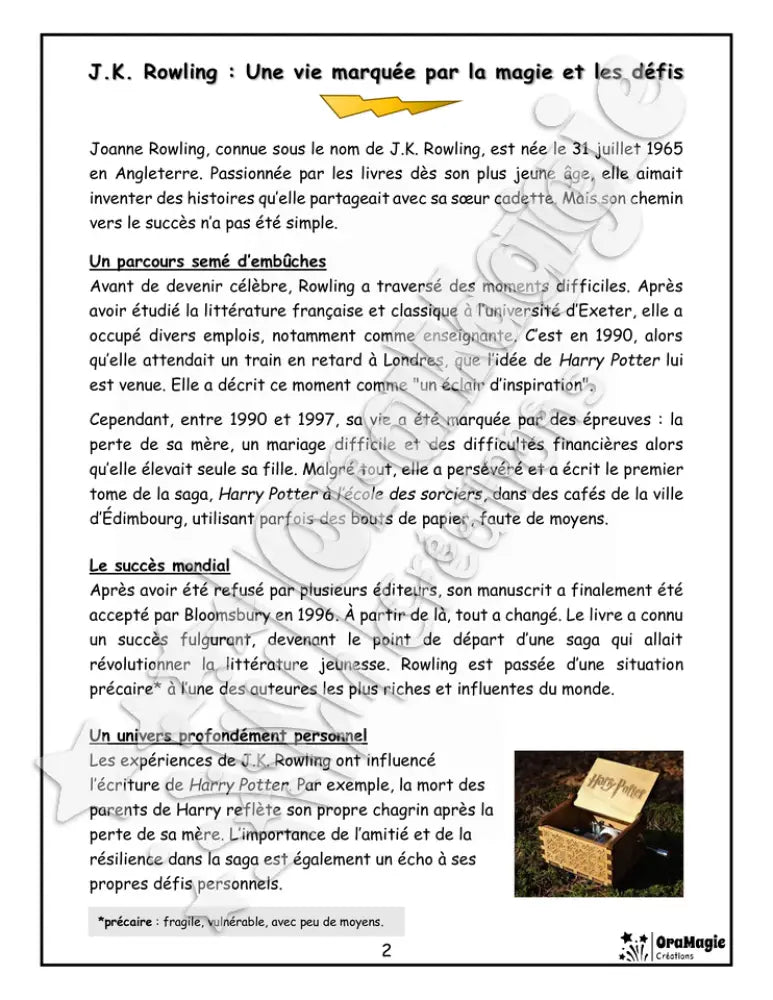 Harry Potter - Compréhension lecture 6e année - Texte courant - Préparation examen ministère