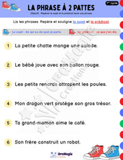 La phrase à 2 pattes - Repère les constituants de la phrase - 1re et 2e années - Sujet et prédicat - Produit numérique