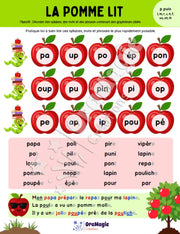 La pomme lit - Décodage de syllabes et de vrais mots contenant p f l m r ch v n ou on in + voyelles - Produit numérique