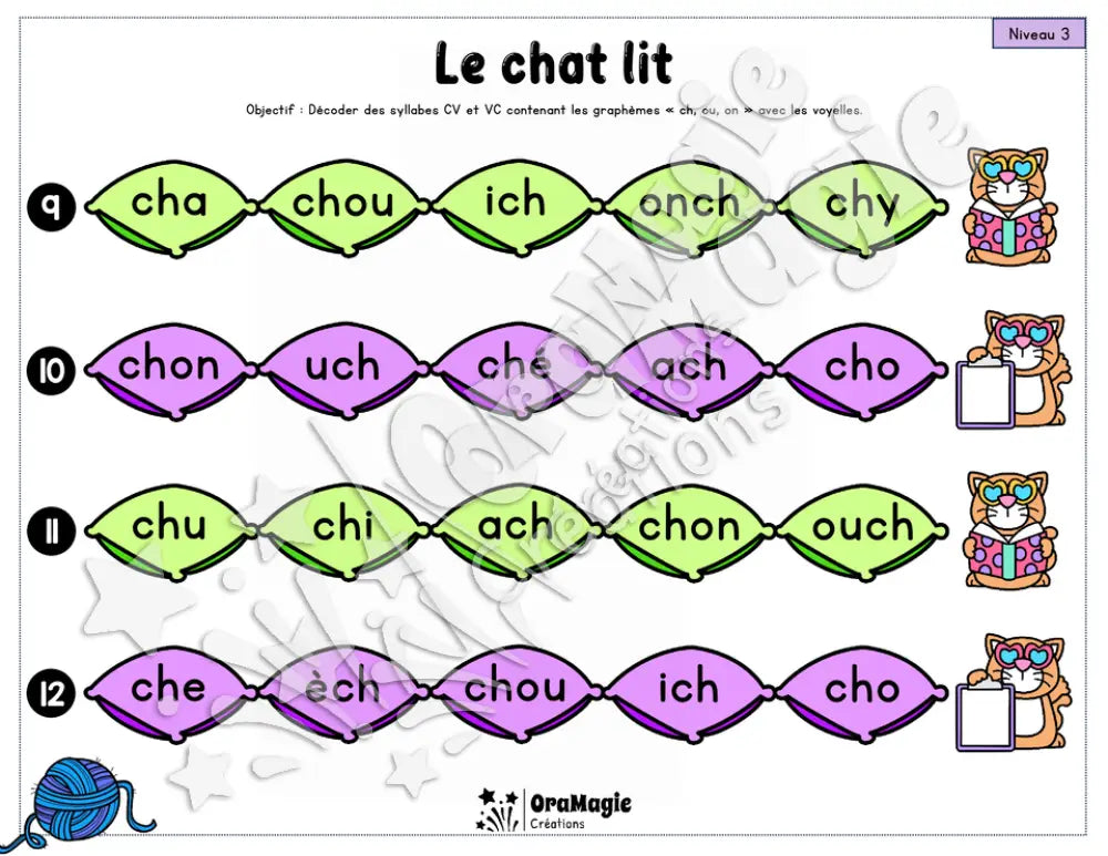Le chat lit - Décodage syllabes simples CV et VC - voyelles, ch, ou, on, l, r, m
