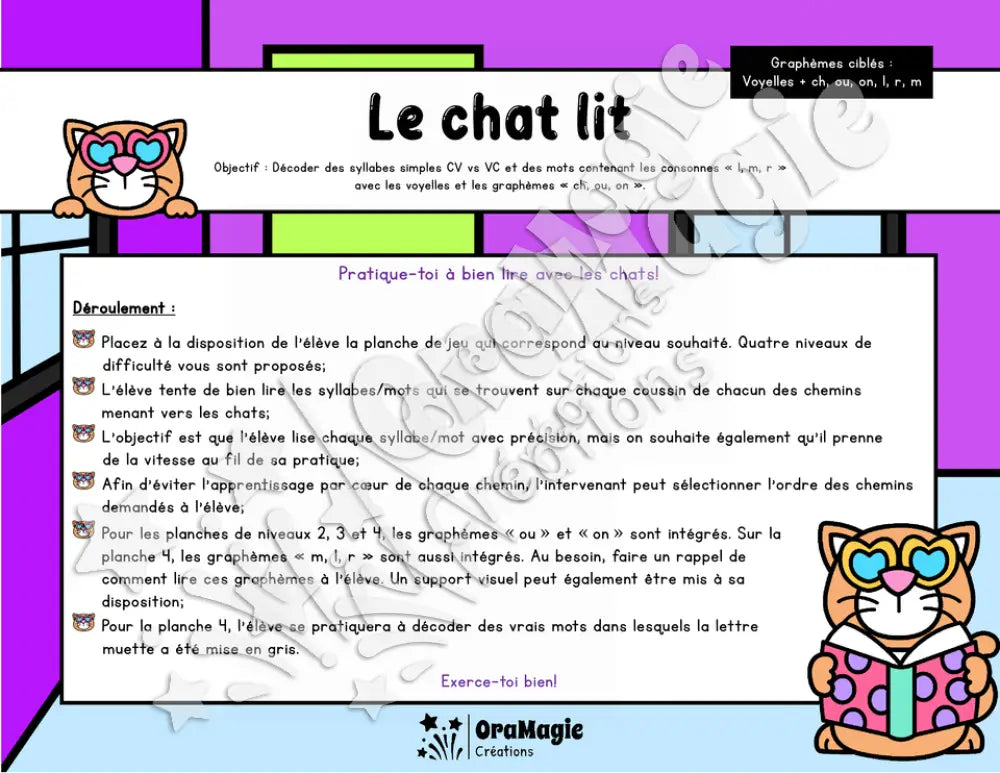 Le chat lit - Décodage syllabes simples CV et VC - 1re année et langage écrit - voyelles, ch, ou, on, l, r, m.pdf