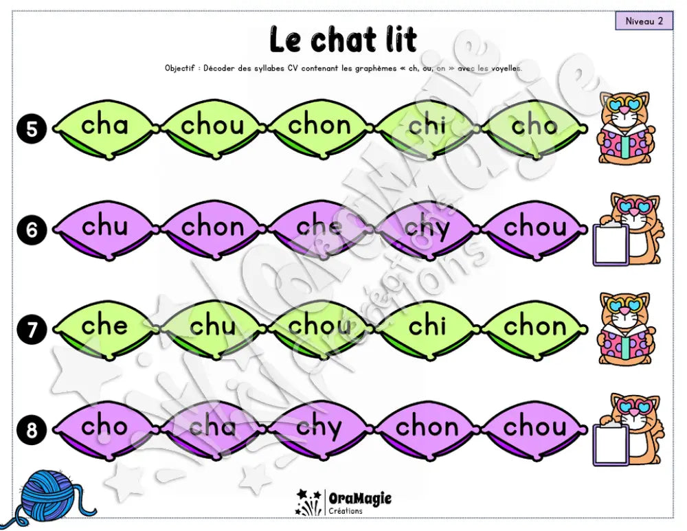 Le chat lit - Décodage syllabes simples CV et VC - voyelles, ch, ou, on, l, r, m