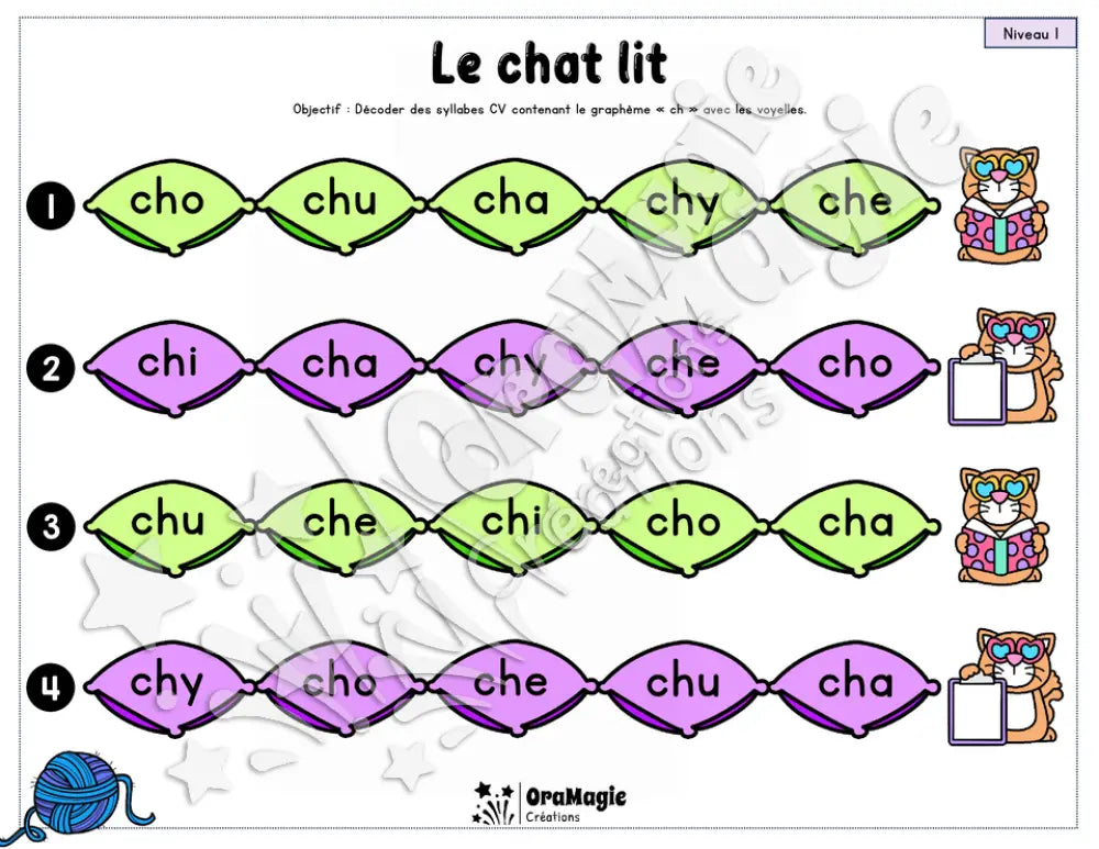Le chat lit - Décodage syllabes simples CV et VC - voyelles, ch, ou, on, l, r, m